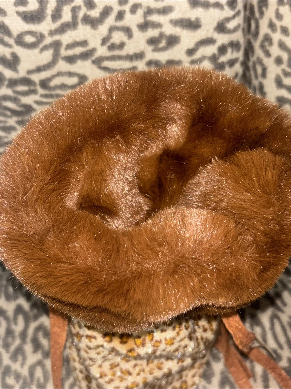 Plush wine gift bag faux fur cheetah print fuzzy drawstring pouch hostess gift
